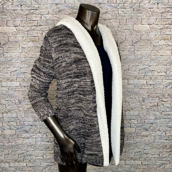 Crave Fame Grey Hooded Cardigan with Sherpa Trim Size Small Open Front - Picture 3 of 7